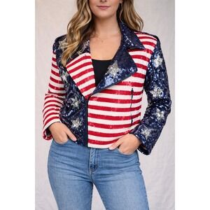 Modi American Flag Sequin Biker Bomber Jacket Women's Size S Patriotic Sparkle